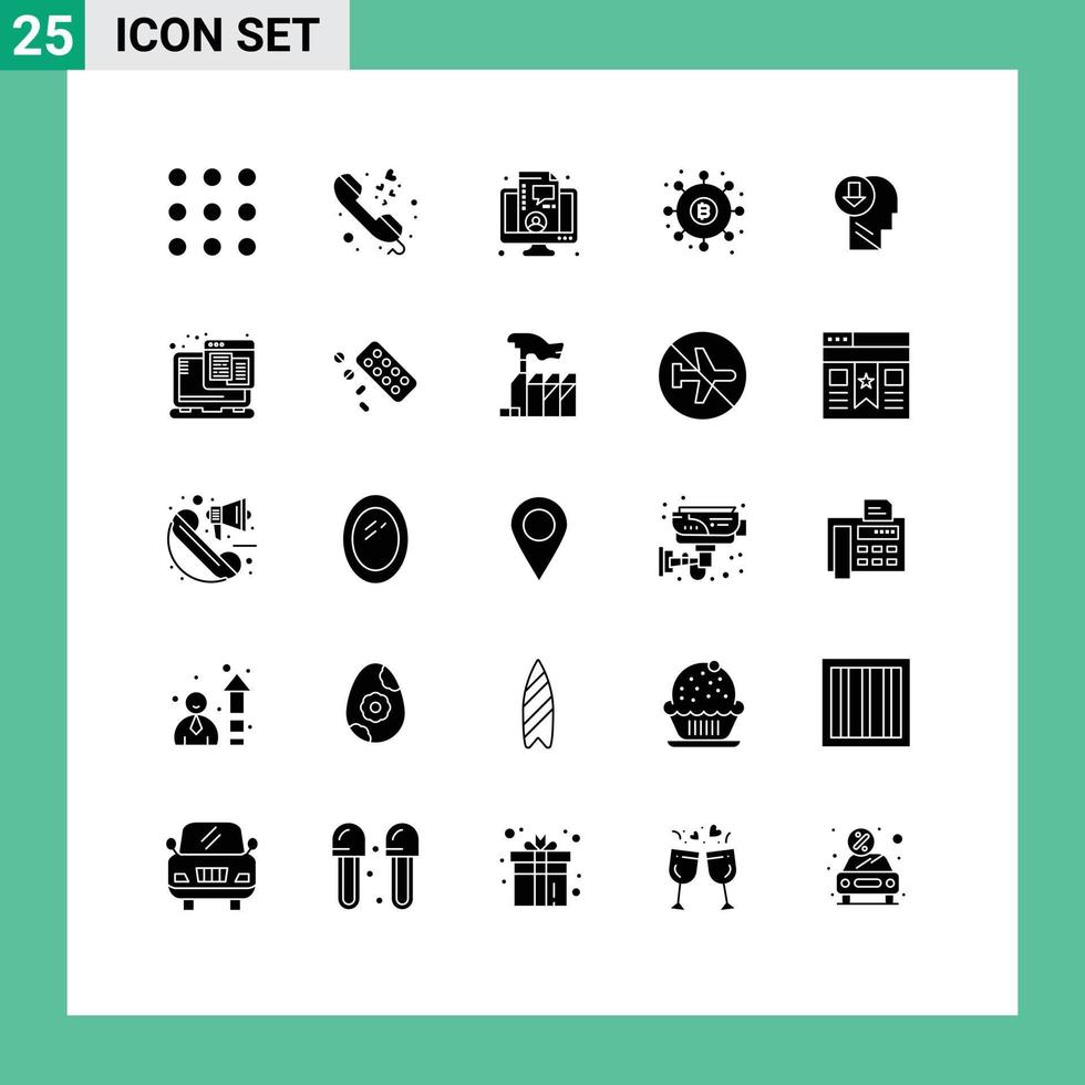 paquete de 25 signos y símbolos de glifos sólidos modernos para medios de impresión web, como pagos de cabeza, entrenamiento, dividendos de dinero, elementos de diseño de vectores editables