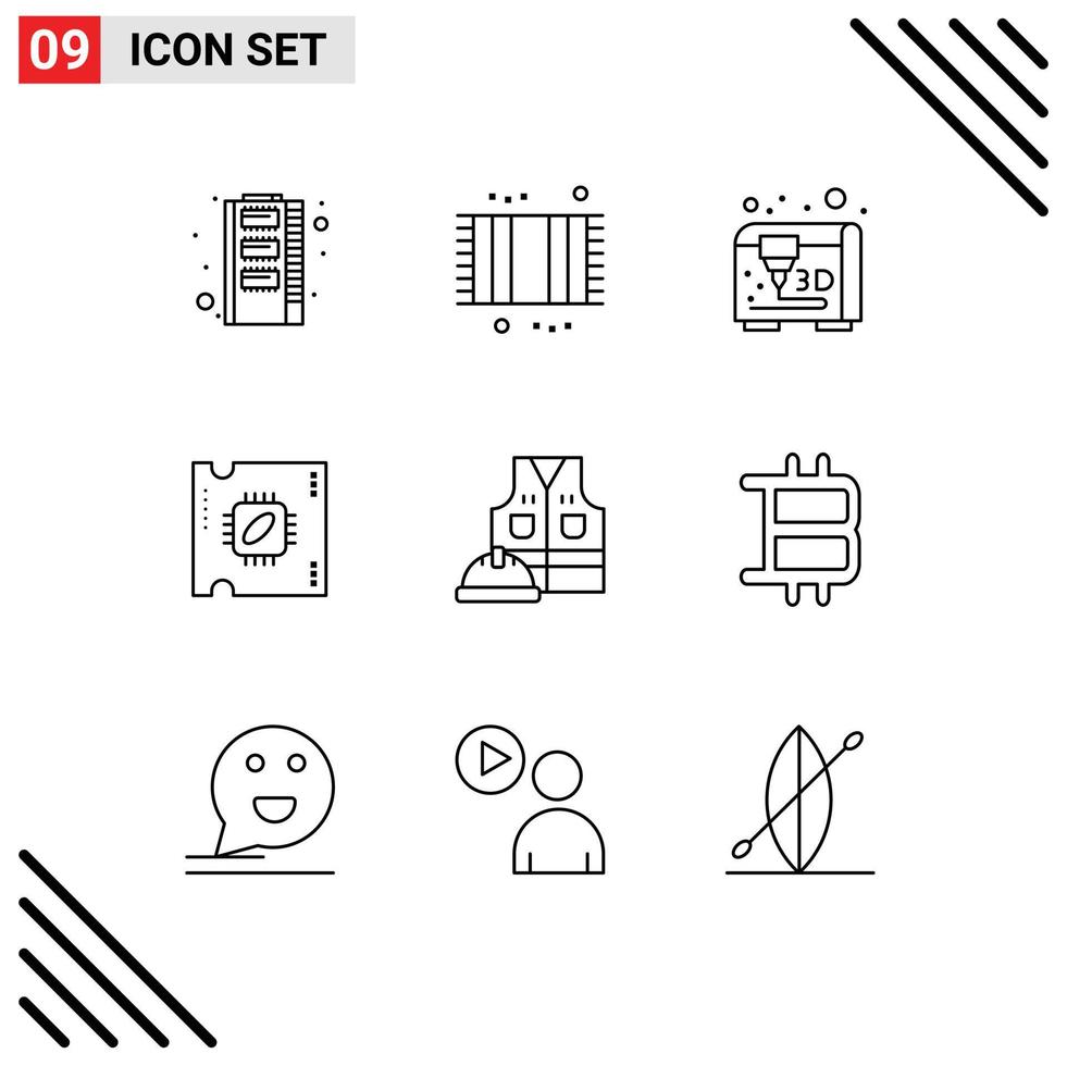 Pack of 9 Modern Outlines Signs and Symbols for Web Print Media such as labor labour jacket shower processor chip microchip Editable Vector Design Elements