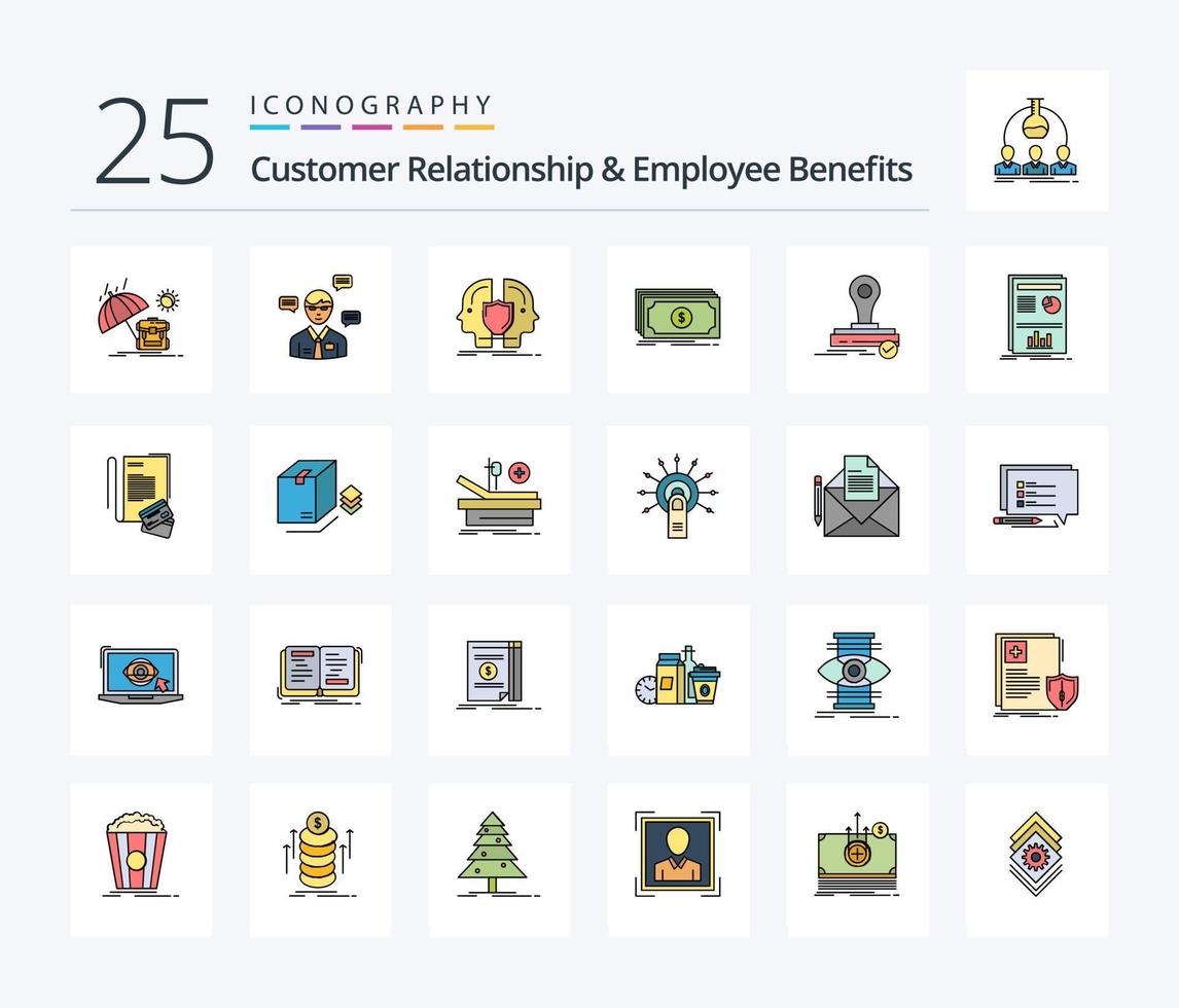 Customer Relationship And Employee Benefits 25 Line Filled icon pack including dollar. fund. popup. money. identity vector