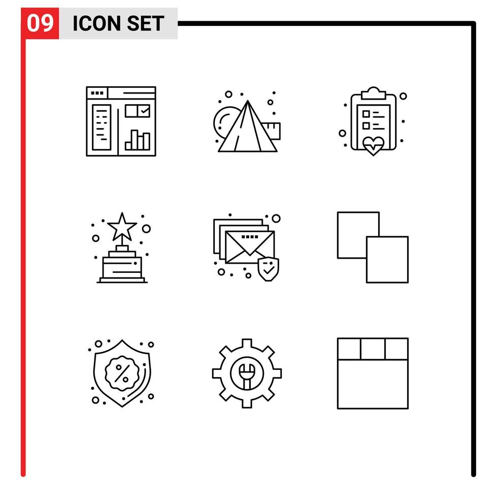 Set of 9 Commercial Outlines pack for security email board trophy achievement Editable Vector Design Elements
