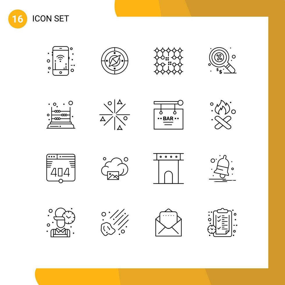 paquete de 16 signos y símbolos de contornos modernos para medios de impresión web, como elementos de diseño de vectores editables de material de financiación de chips de marketing de juegos
