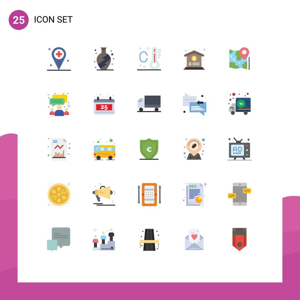 User Interface Pack of 25 Basic Flat Colors of destination location thermometer holiday pin hospital Editable Vector Design Elements