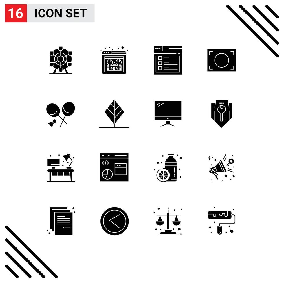 Group of 16 Modern Solid Glyphs Set for sports badminton page photo focus Editable Vector Design Elements