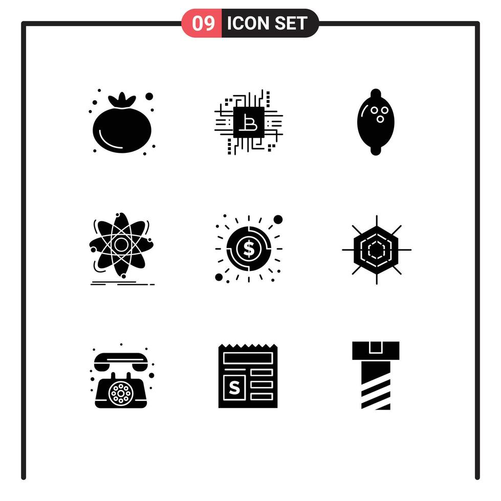 Mobile Interface Solid Glyph Set of 9 Pictograms of economy nuclear food physics science Editable Vector Design Elements