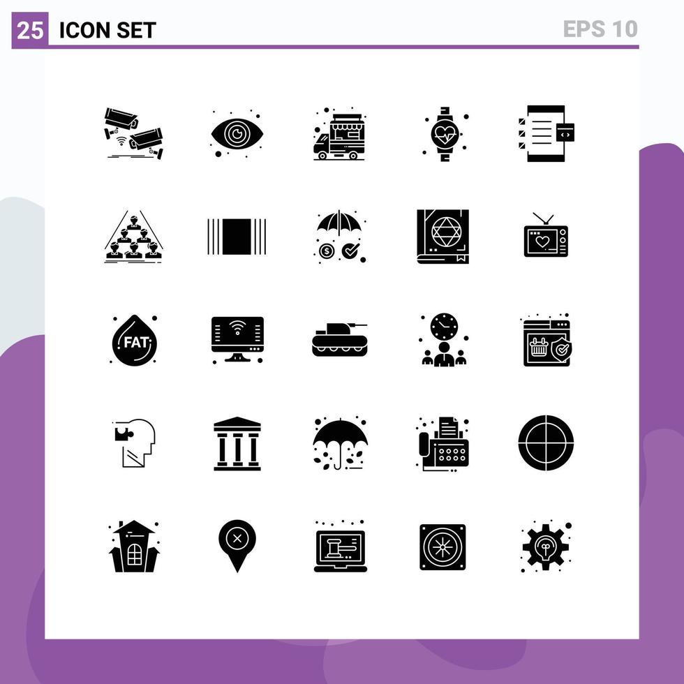 Modern Set of 25 Solid Glyphs and symbols such as develop app car heart beat diet Editable Vector Design Elements