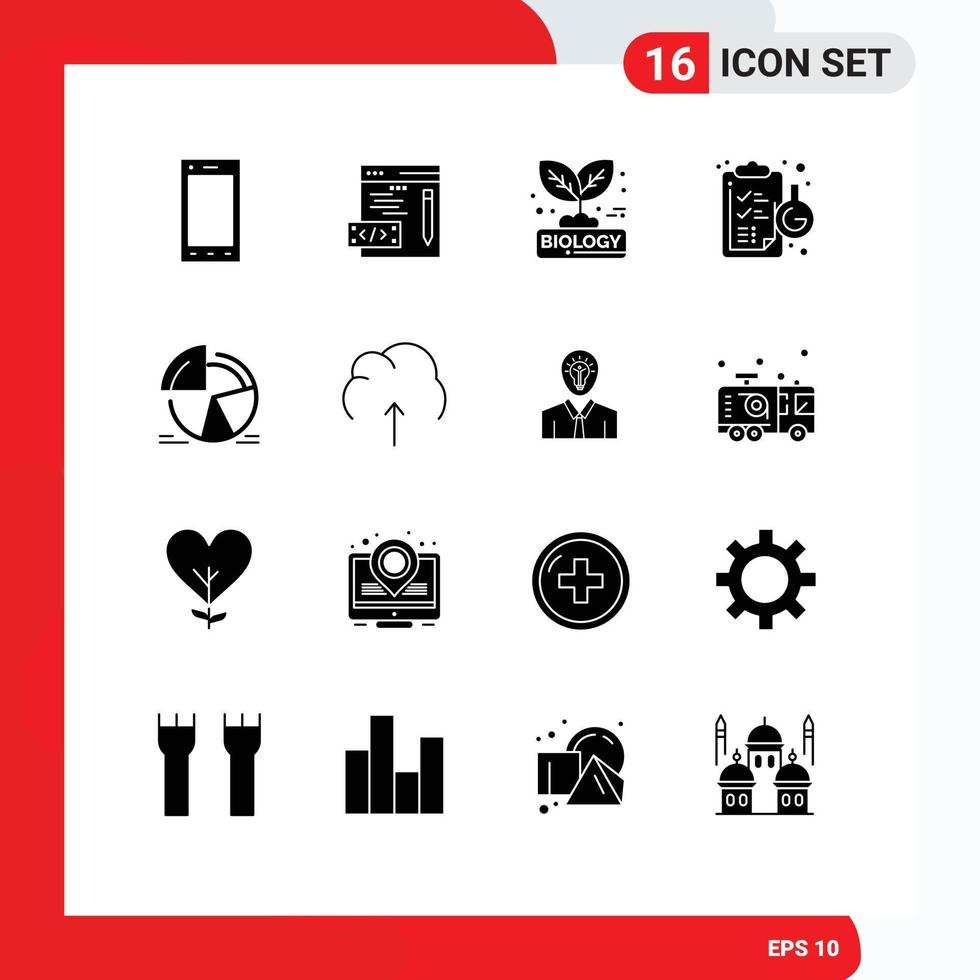 Set of 16 Commercial Solid Glyphs pack for pie laboratory biology flask clipboard Editable Vector Design Elements