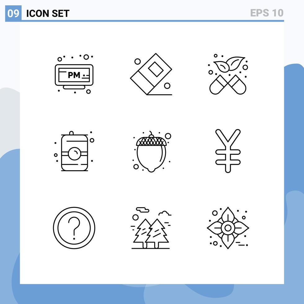 9 Universal Outline Signs Symbols of currency hazelnut medicine food can Editable Vector Design Elements