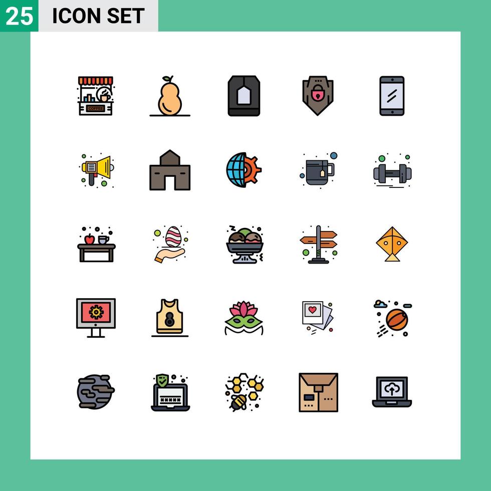 25 Thematic Vector Filled line Flat Colors and Editable Symbols of mobile shield bag password tea Editable Vector Design Elements