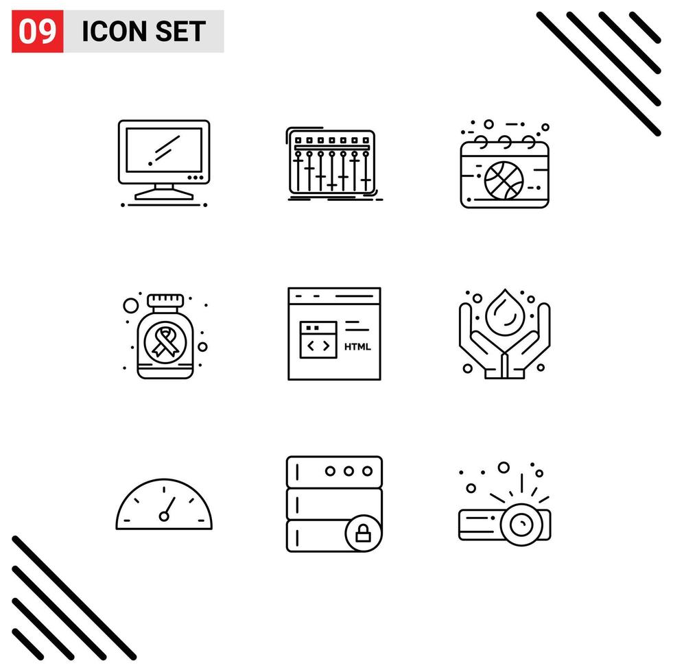 Outline Pack of 9 Universal Symbols of pills bottle music sport game Editable Vector Design Elements
