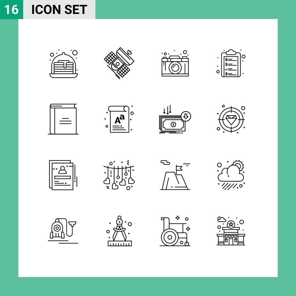 Universal Icon Symbols Group of 16 Modern Outlines of book list camera clipboard thinking Editable Vector Design Elements