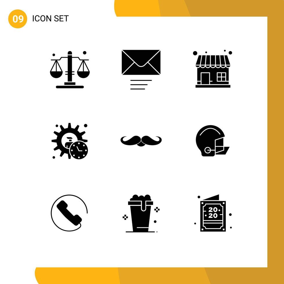 conjunto moderno de 9 glifos y símbolos sólidos, como los elementos de diseño vectorial editables del administrador de tiempo de la tienda de bigotes movember vector