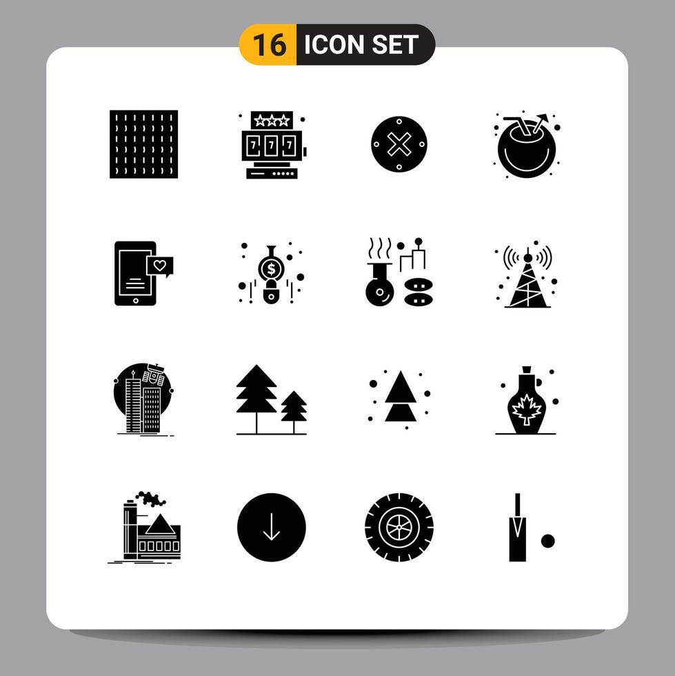 Universal Icon Symbols Group of 16 Modern Solid Glyphs of love chat chat delete mobile drink Editable Vector Design Elements