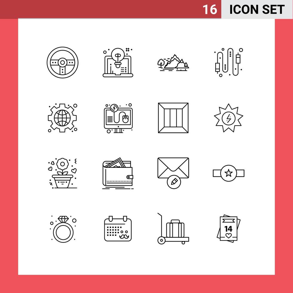 16 User Interface Outline Pack of modern Signs and Symbols of electric computer hill cable tree Editable Vector Design Elements