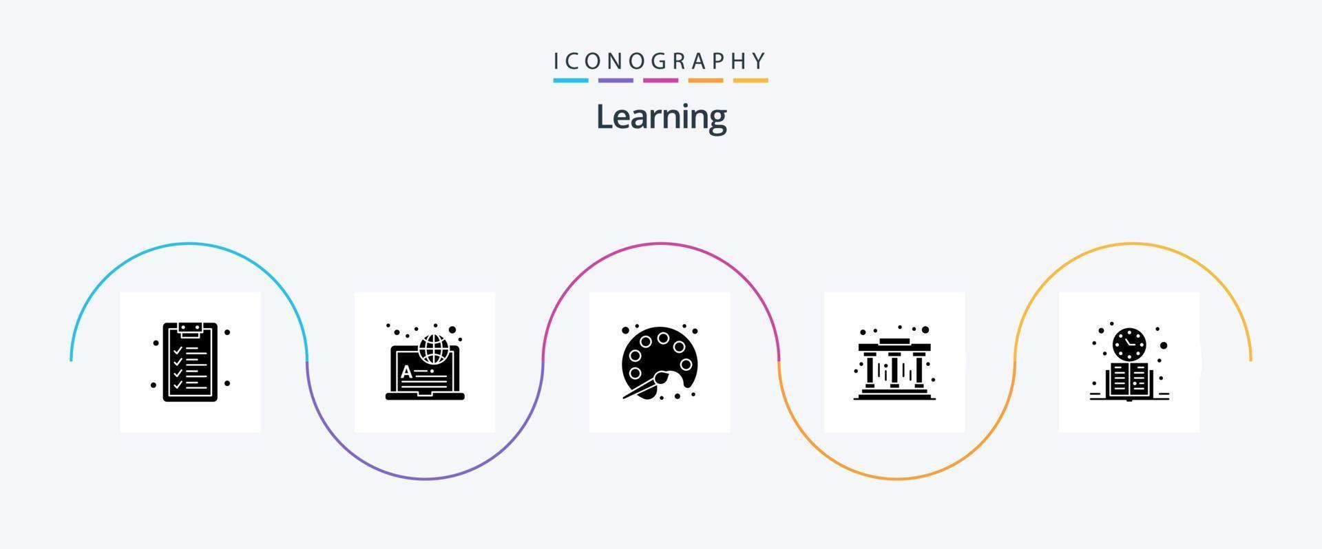 Learning Glyph 5 Icon Pack Including schedule. clock. pallet. book. pillars vector