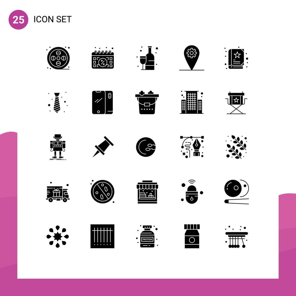 25 Thematic Vector Solid Glyphs and Editable Symbols of book location sale geo drink Editable Vector Design Elements