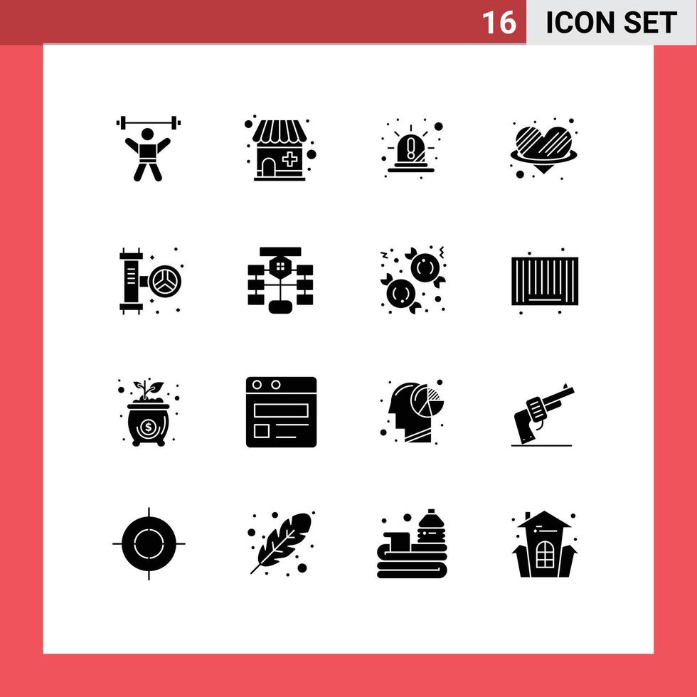 Solid Glyph Pack of 16 Universal Symbols of mechanical love alert heart siren Editable Vector Design Elements