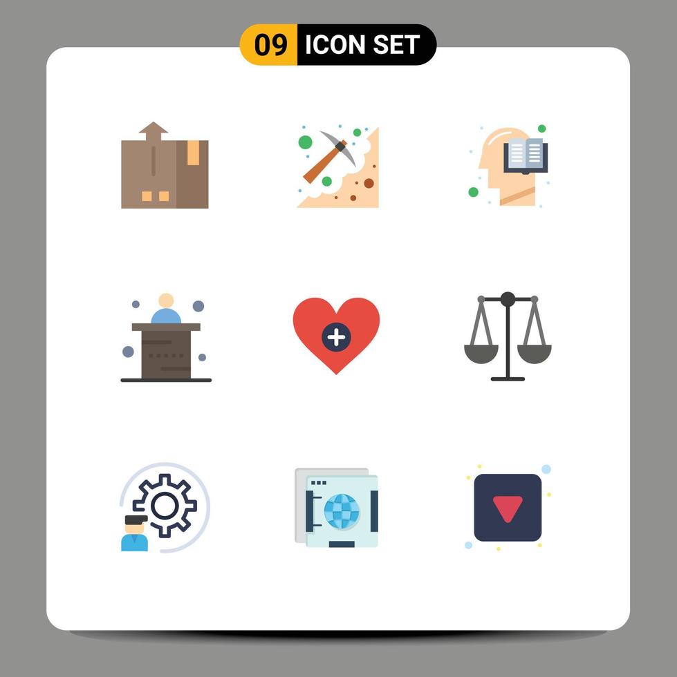 Mobile Interface Flat Color Set of 9 Pictograms of office desk pick mind head Editable Vector Design Elements