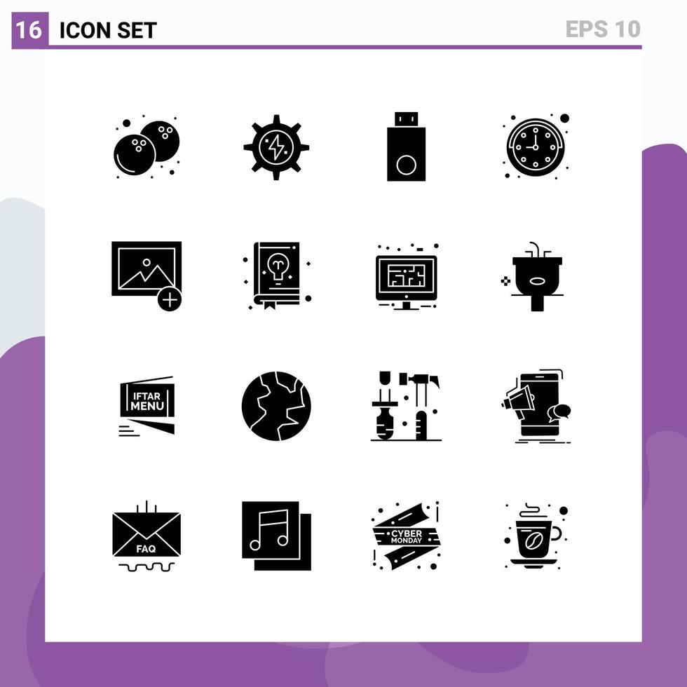 Modern Set of 16 Solid Glyphs and symbols such as photo add dongle watch clock Editable Vector Design Elements