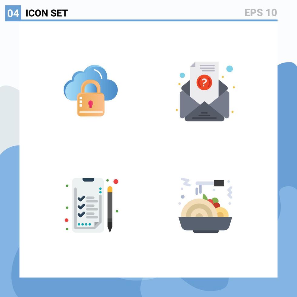 Set of 4 Vector Flat Icons on Grid for cloud work loucked subscription food Editable Vector Design Elements