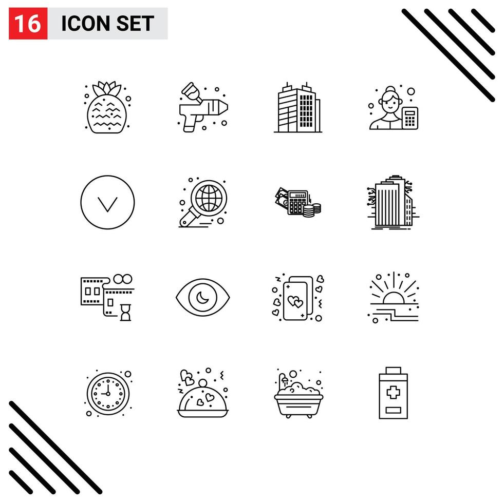Group of 16 Outlines Signs and Symbols for circle data scientist building business analyst accountant Editable Vector Design Elements