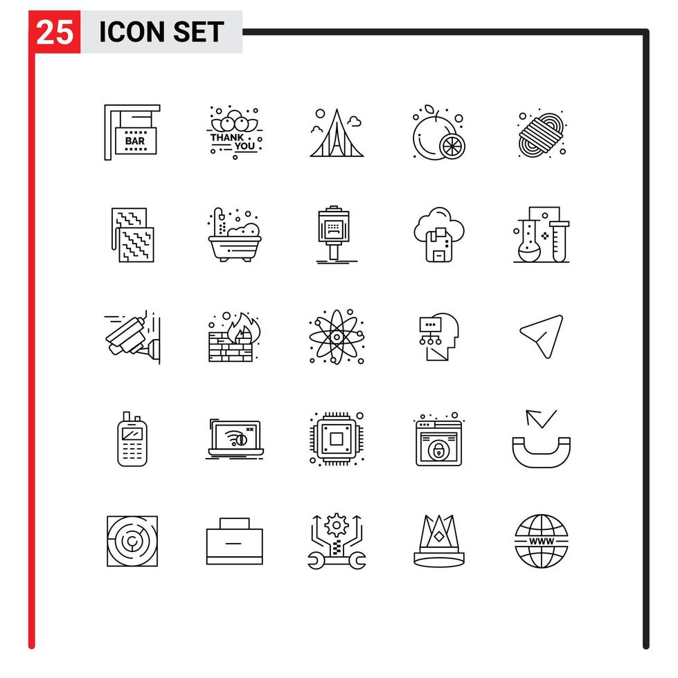 Modern Set of 25 Lines and symbols such as para cord camping rope construction orange food Editable Vector Design Elements