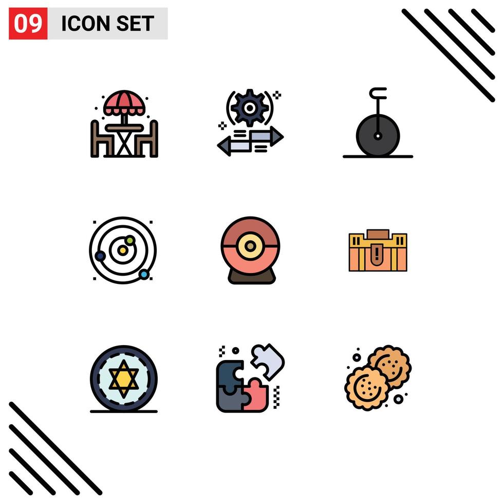 9 Thematic Vector Filledline Flat Colors and Editable Symbols of camera solar system right planets orbiting orbit Editable Vector Design Elements