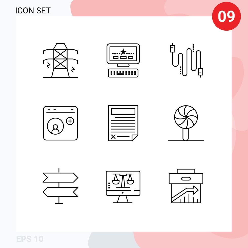 9 User Interface Outline Pack of modern Signs and Symbols of data social media cable internet contact Editable Vector Design Elements