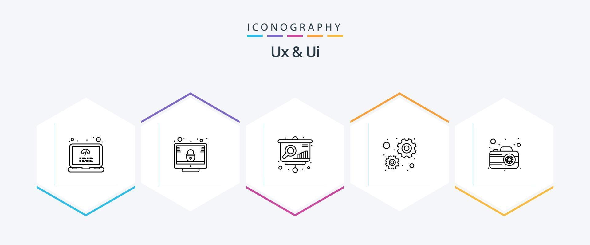 Ux And Ui 25 Line icon pack including photography. camera. analytics. working. configuration vector