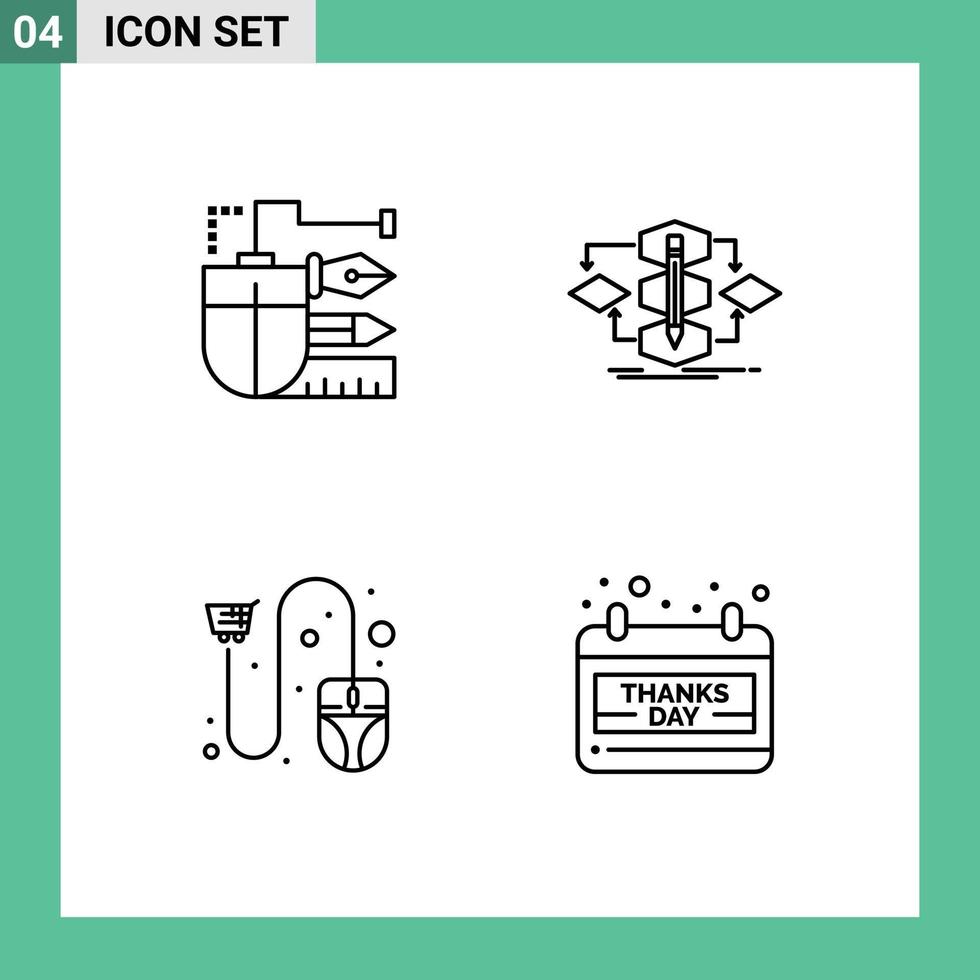 Group of 4 Filledline Flat Colors Signs and Symbols for mouse process pencil design click Editable Vector Design Elements