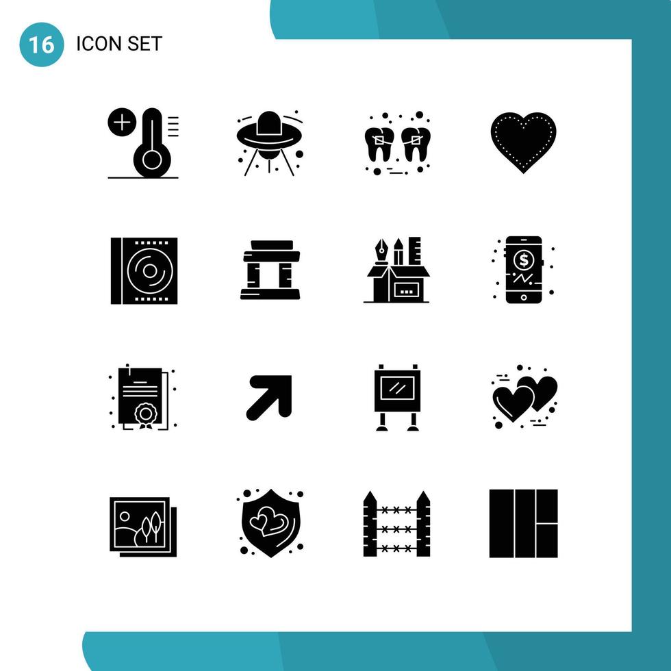 User Interface Pack of 16 Basic Solid Glyphs of blu ray favorite filling like heart Editable Vector Design Elements