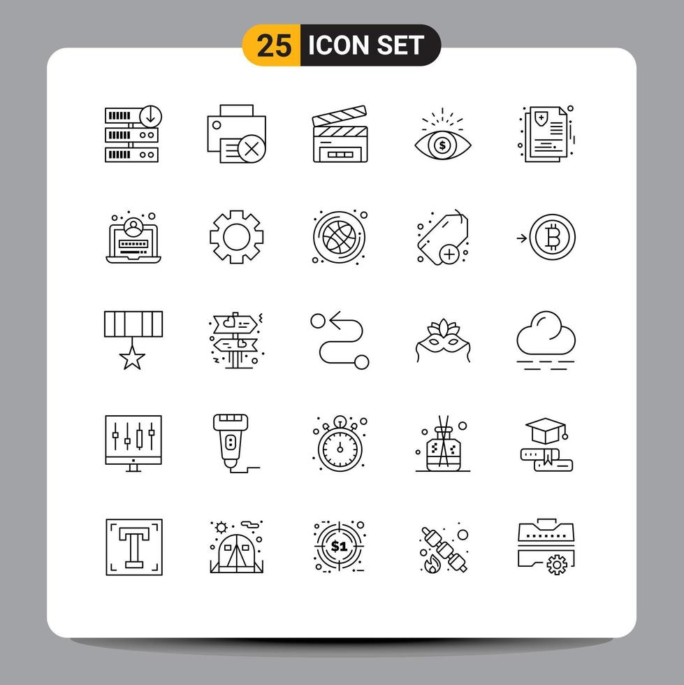 Pack of 25 Modern Lines Signs and Symbols for Web Print Media such as health money eye printer investment film flap Editable Vector Design Elements