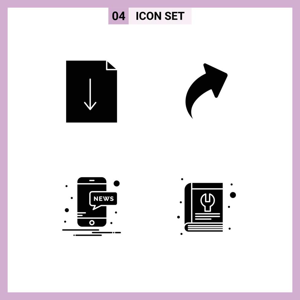 Modern Set of 4 Solid Glyphs Pictograph of document book arrow mobile repair Editable Vector Design Elements