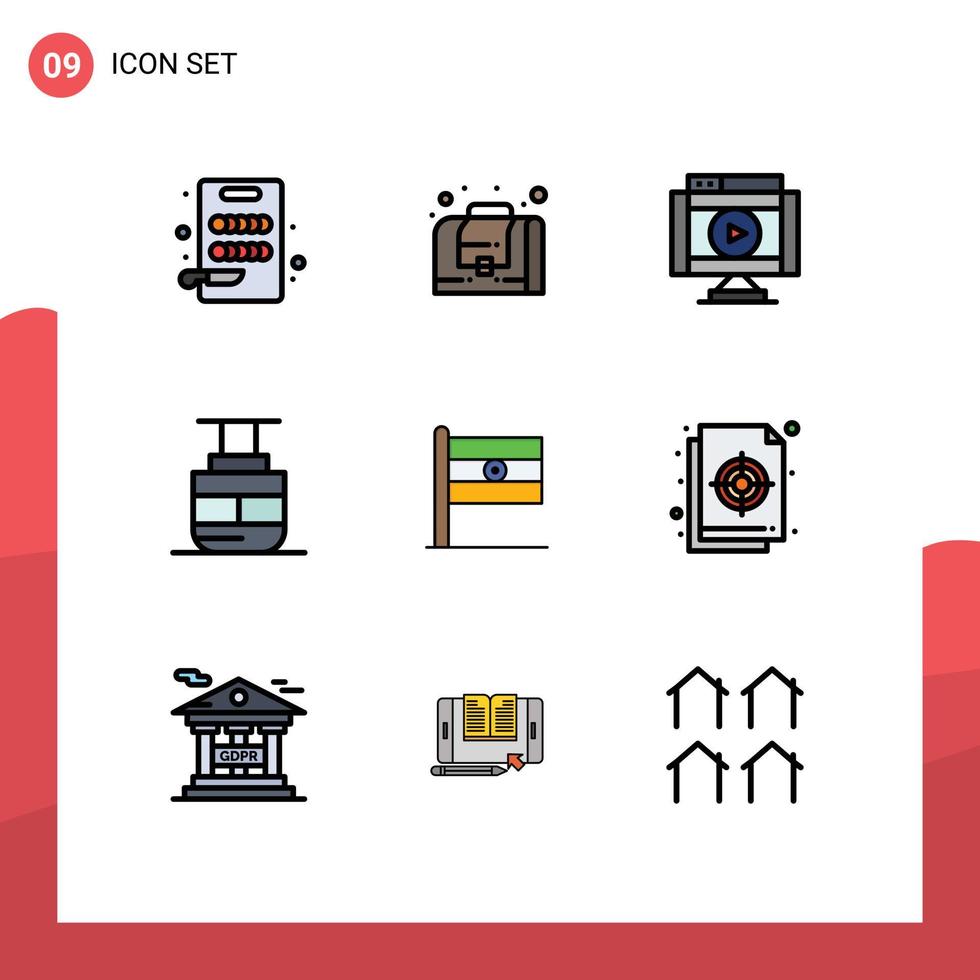 9 Thematic Vector Filledline Flat Colors and Editable Symbols of sign indian multimedia vehicles transport Editable Vector Design Elements