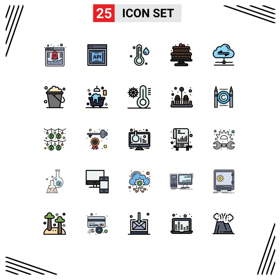 Pack of 25 creative Filled line Flat Colors of send share rain cakes baking Editable Vector Design Elements