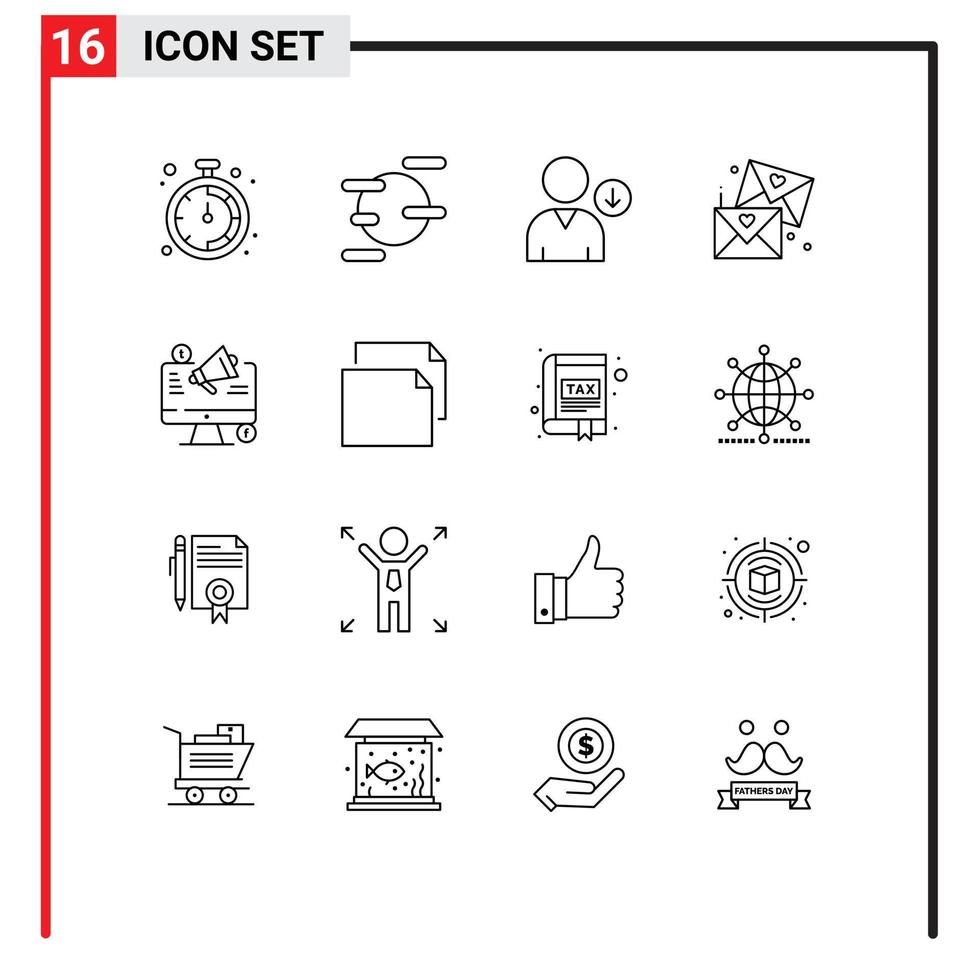Universal Icon Symbols Group of 16 Modern Outlines of advertising announcement user social media wedding Editable Vector Design Elements