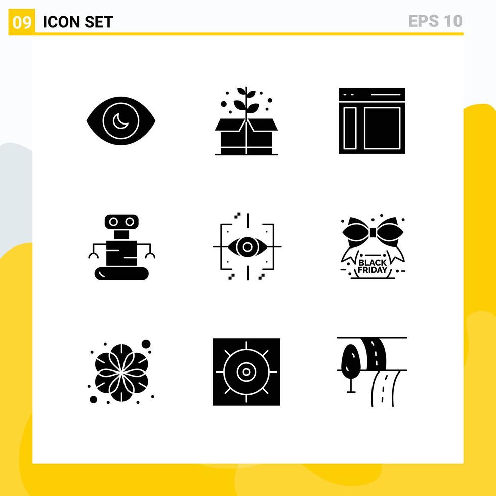 9 Thematic Vector Solid Glyphs and Editable Symbols of future advanced interface space exoskeleton Editable Vector Design Elements