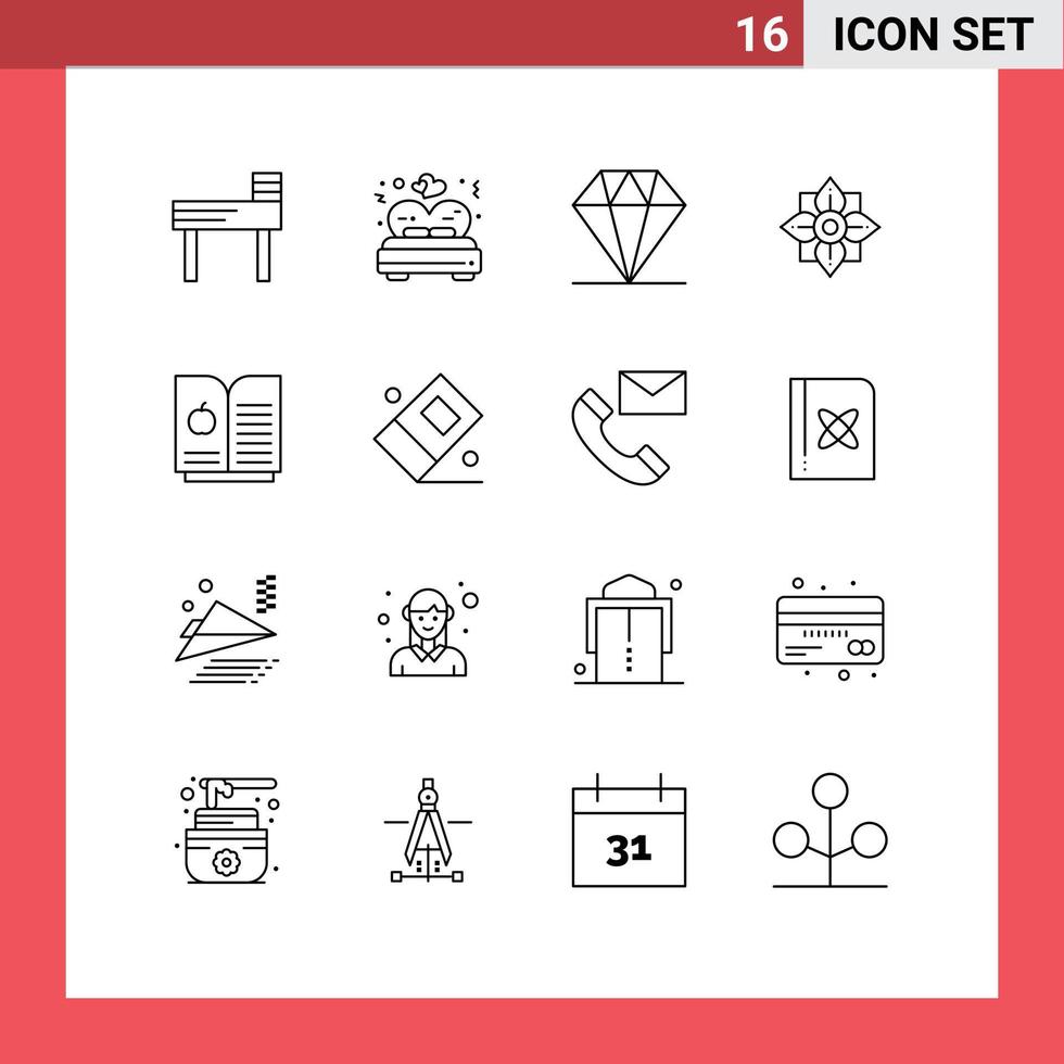 Pack of 16 creative Outlines of eraser science diamond book apple china Editable Vector Design Elements