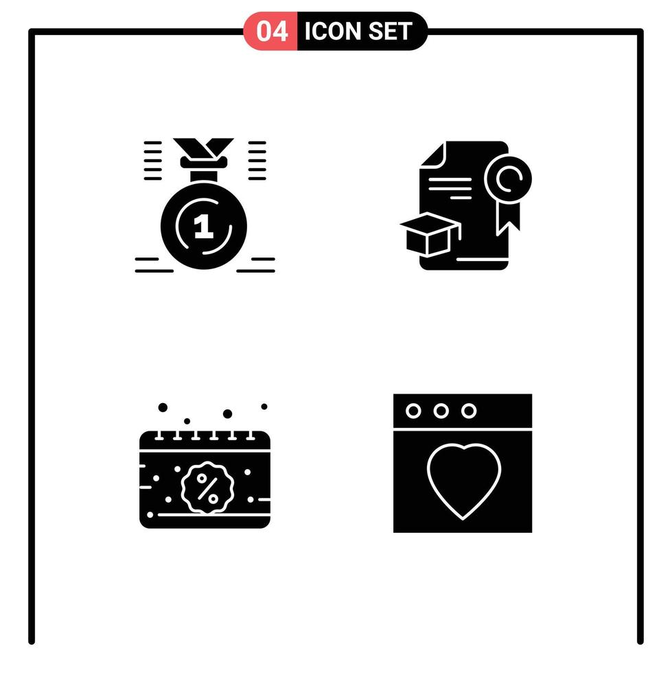 Pack of 4 creative Solid Glyphs of award calendar first education discount Editable Vector Design Elements