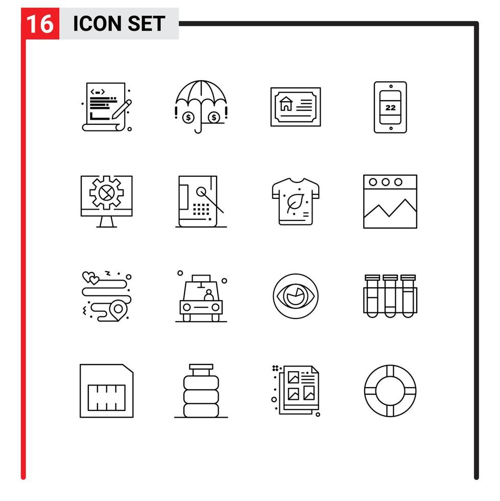 Paquete de 16 esquemas de interfaz de usuario de signos y símbolos modernos de configuración de elementos de diseño de vectores editables de sol de computadora doméstica de Internet