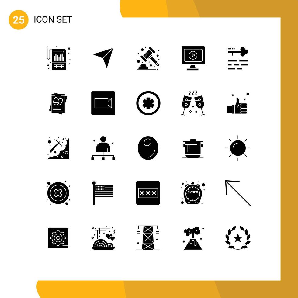 Modern Set of 25 Solid Glyphs and symbols such as lock play mail video banking Editable Vector Design Elements