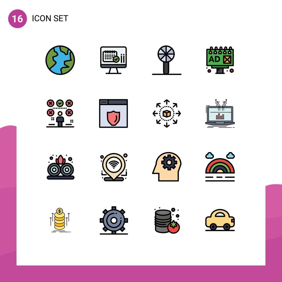 grupo de 16 líneas llenas de color plano, signos y símbolos para la lista de verificación del hombre, cartelera de juguetes para bebés, anuncios, elementos de diseño de vectores creativos editables