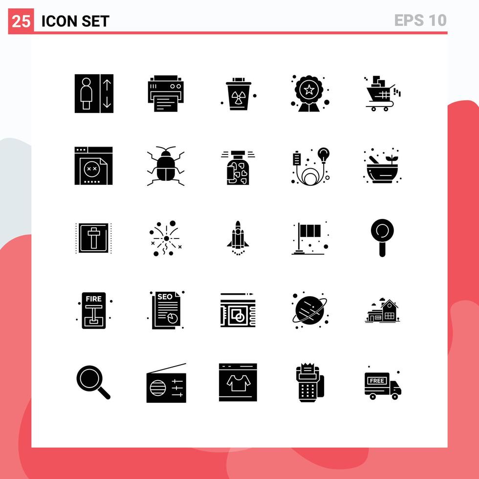 Editable Vector Line Pack of 25 Simple Solid Glyphs of seo cart garbage rating seo Editable Vector Design Elements
