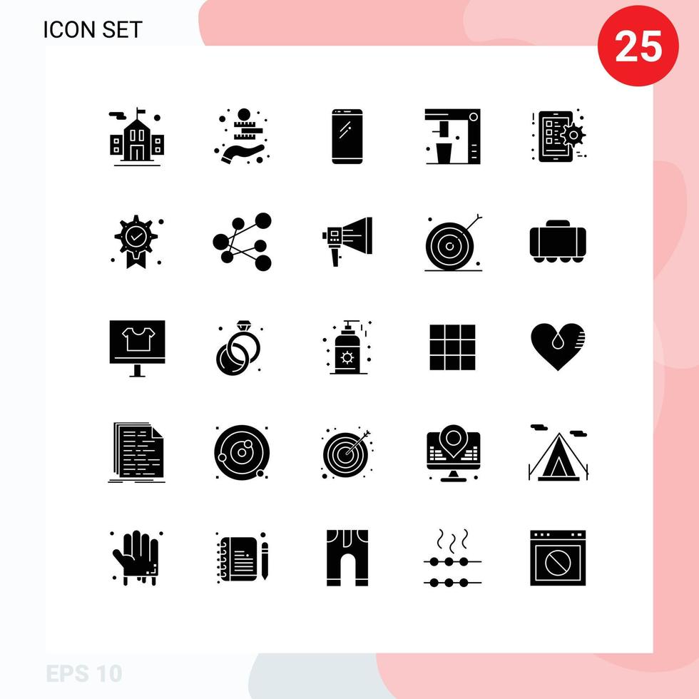 Solid Glyph Pack of 25 Universal Symbols of gear food smart phone fast food coffee maker Editable Vector Design Elements