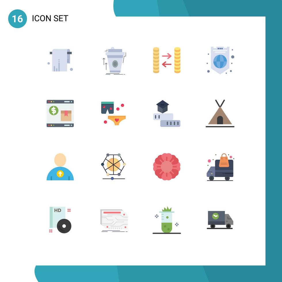 grupo de 16 signos y símbolos de colores planos para baño toalla de efectivo café dinero paquete editable de elementos creativos de diseño de vectores
