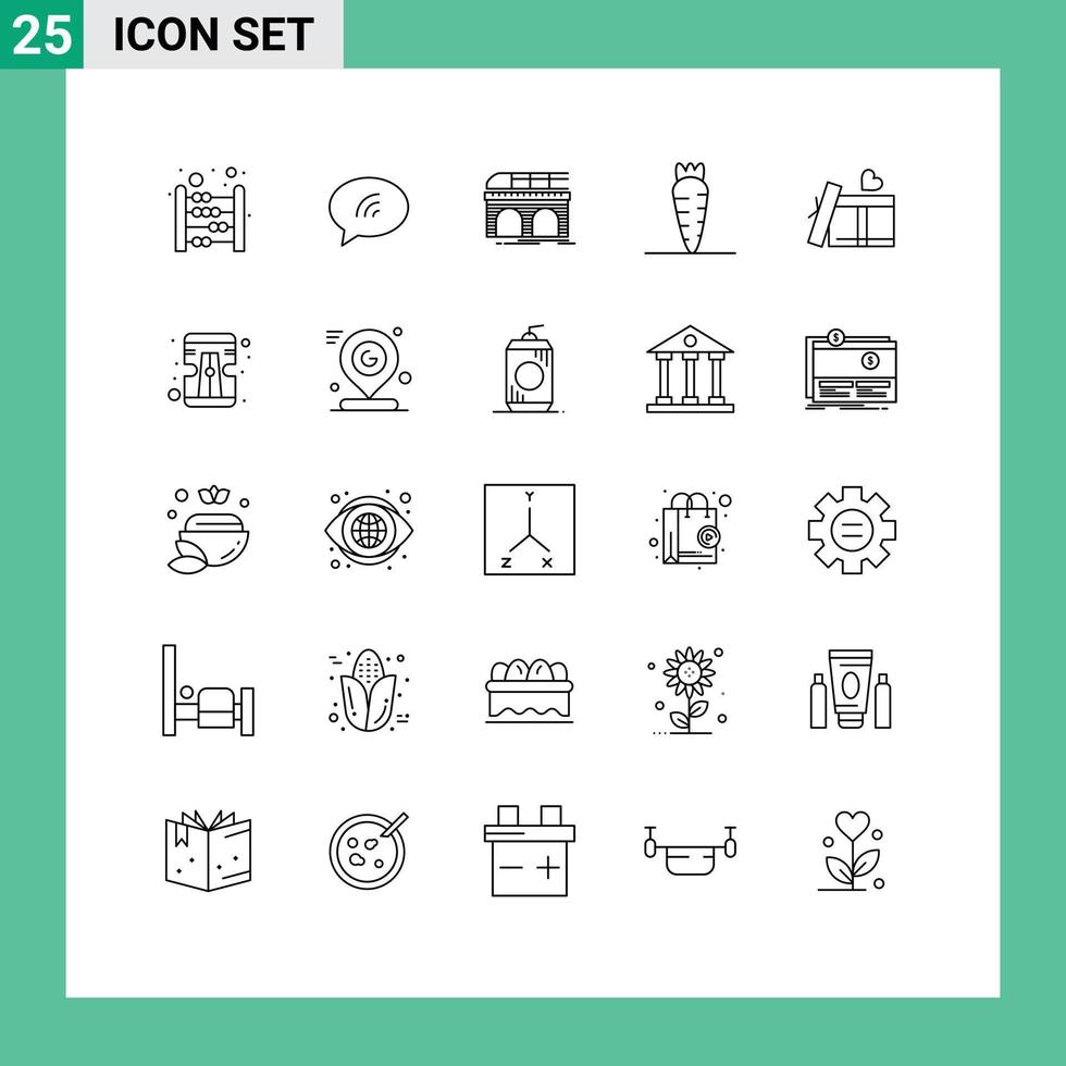 Mobile Interface Line Set of 25 Pictograms of heart vegetable metro food transport Editable Vector Design Elements