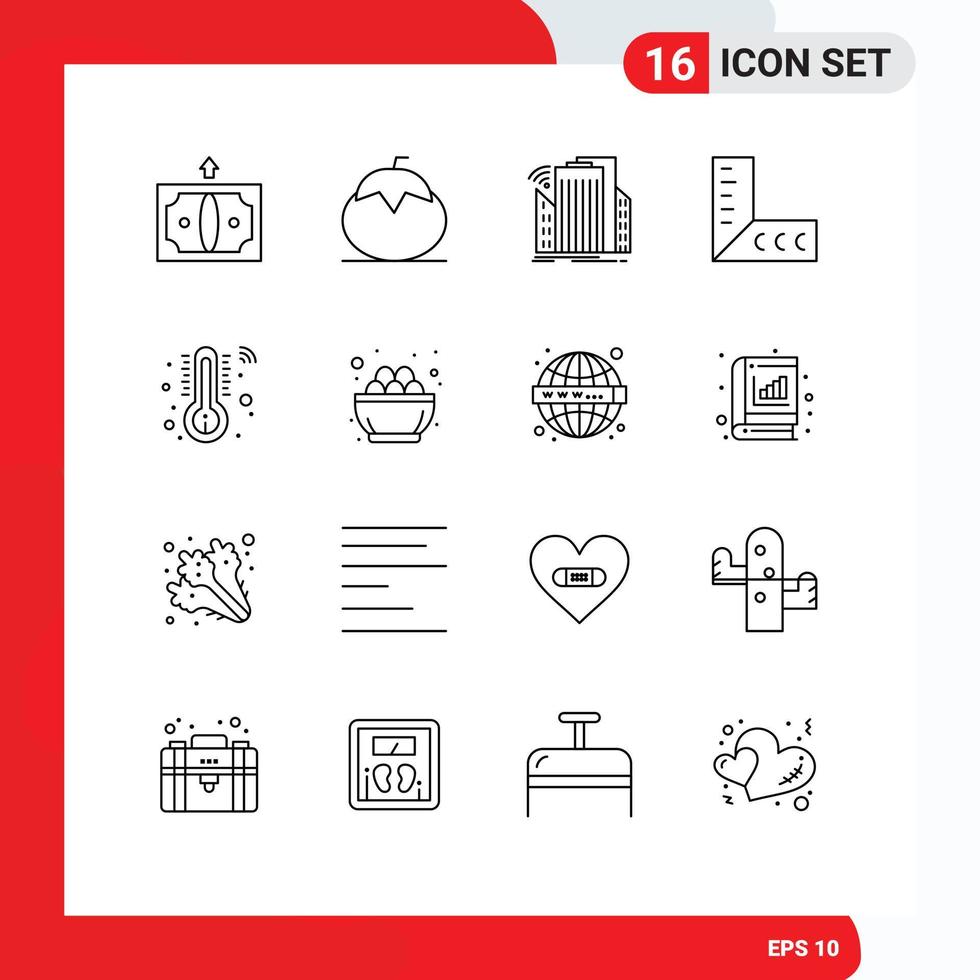 Pack of 16 Modern Outlines Signs and Symbols for Web Print Media such as healthcare ruler vegetables geometry smart Editable Vector Design Elements