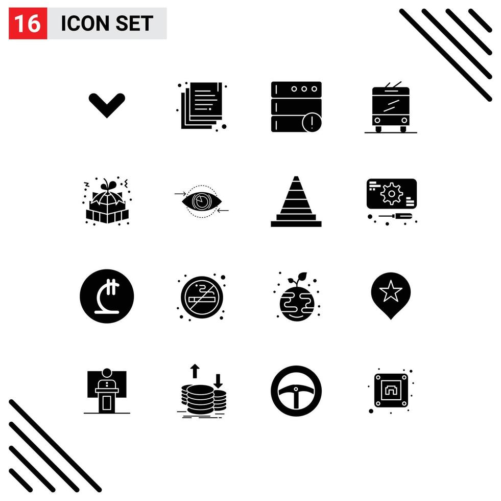 16 Thematic Vector Solid Glyphs and Editable Symbols of gift pack gift database easter gift trolley bus Editable Vector Design Elements