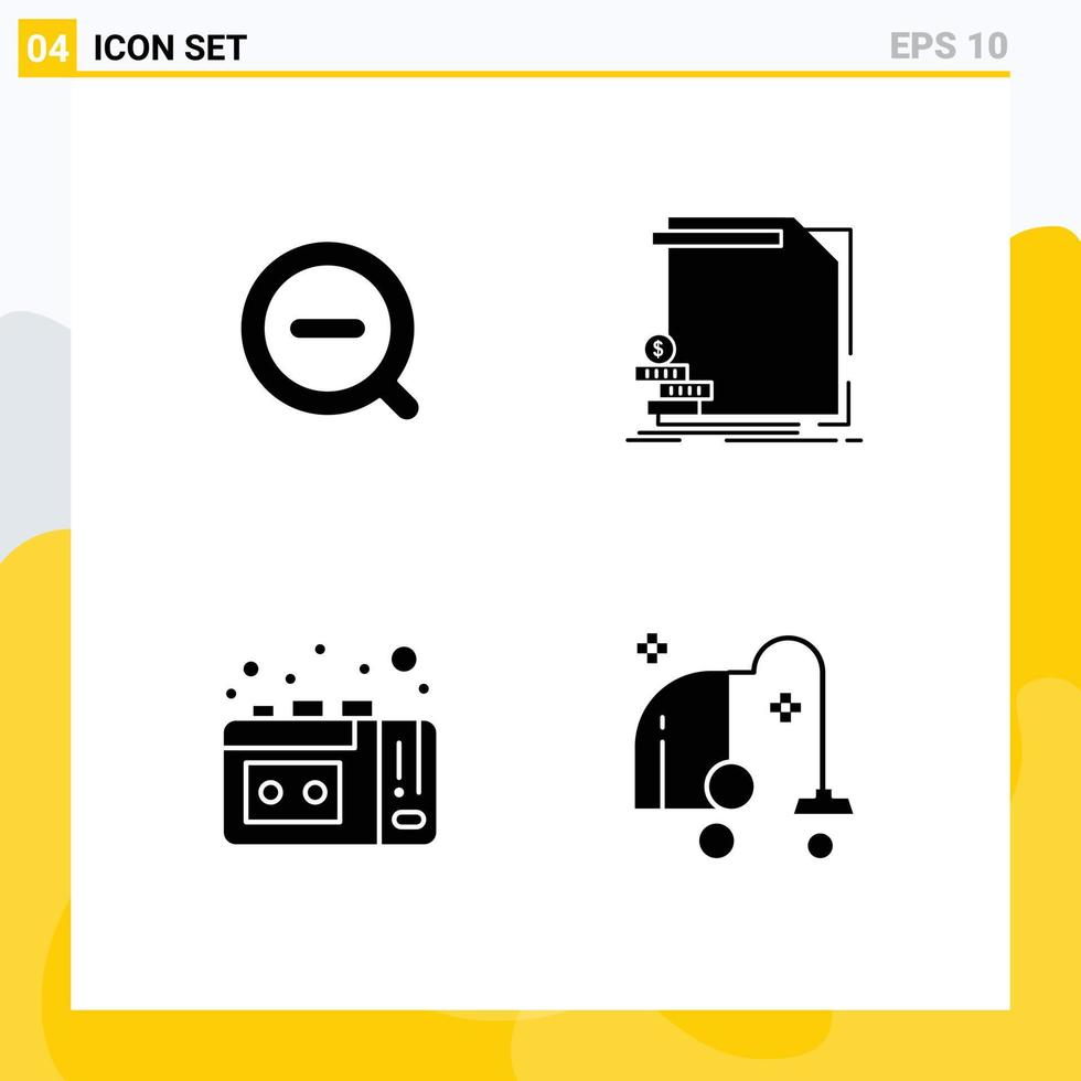 Set of 4 Commercial Solid Glyphs pack for search tape recording delete money vhs tape Editable Vector Design Elements