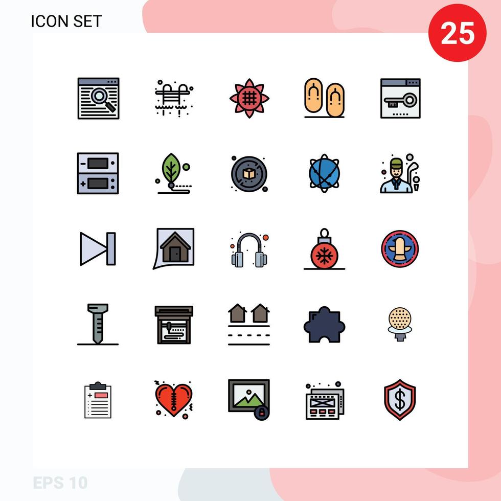 Pack of 25 Modern Filled line Flat Colors Signs and Symbols for Web Print Media such as media engine flower travel flops Editable Vector Design Elements