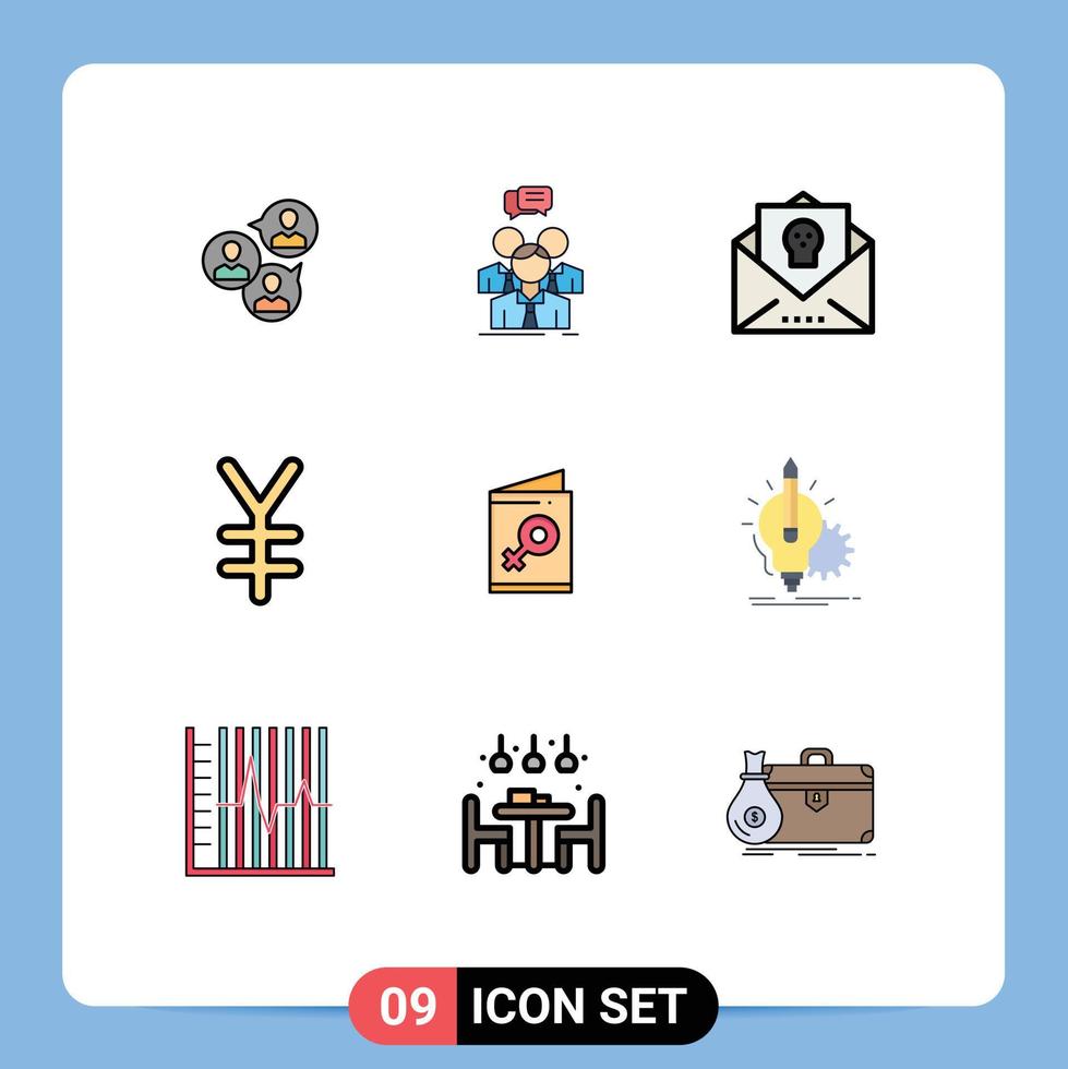 Group of 9 Filledline Flat Colors Signs and Symbols for yen currency people horror halloween Editable Vector Design Elements